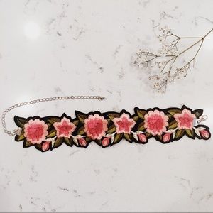 Vibrant Red & Pink Embroidered Floral Choker